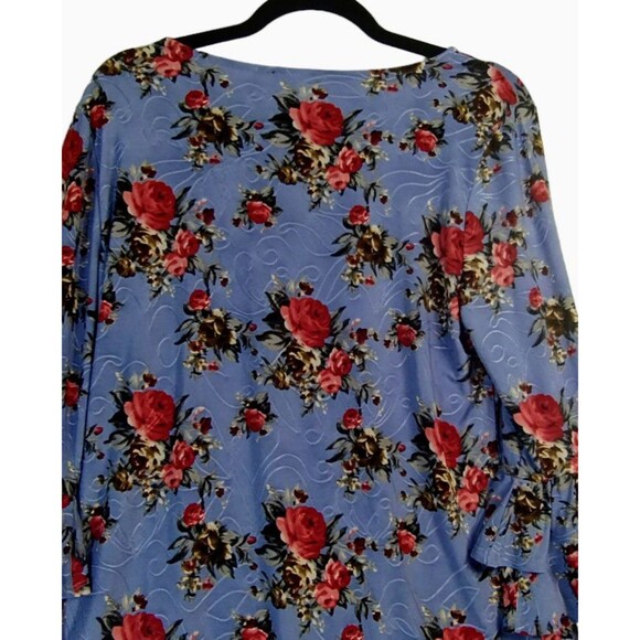 Cocomo Top Women's L Boat Neck Long Ruffle Sleeve Top Red Roses Sky Blue Boho - Picture 7 of 10